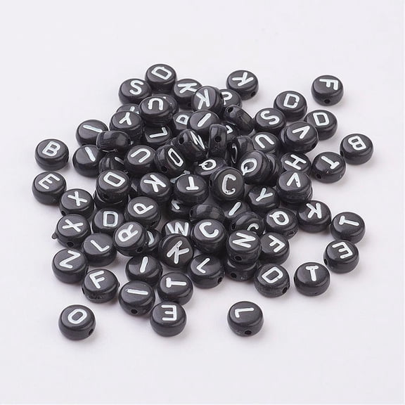 Mixed Letters Acrylic Beads Flat Round Black about 7mm in diameter 4mm thick hole: 1mm about 350pcs/50g