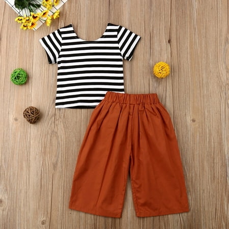 

Toddler Kids Baby Girls Striped Tops T-shirt Wide Leg Pants Outfits Clothes Set