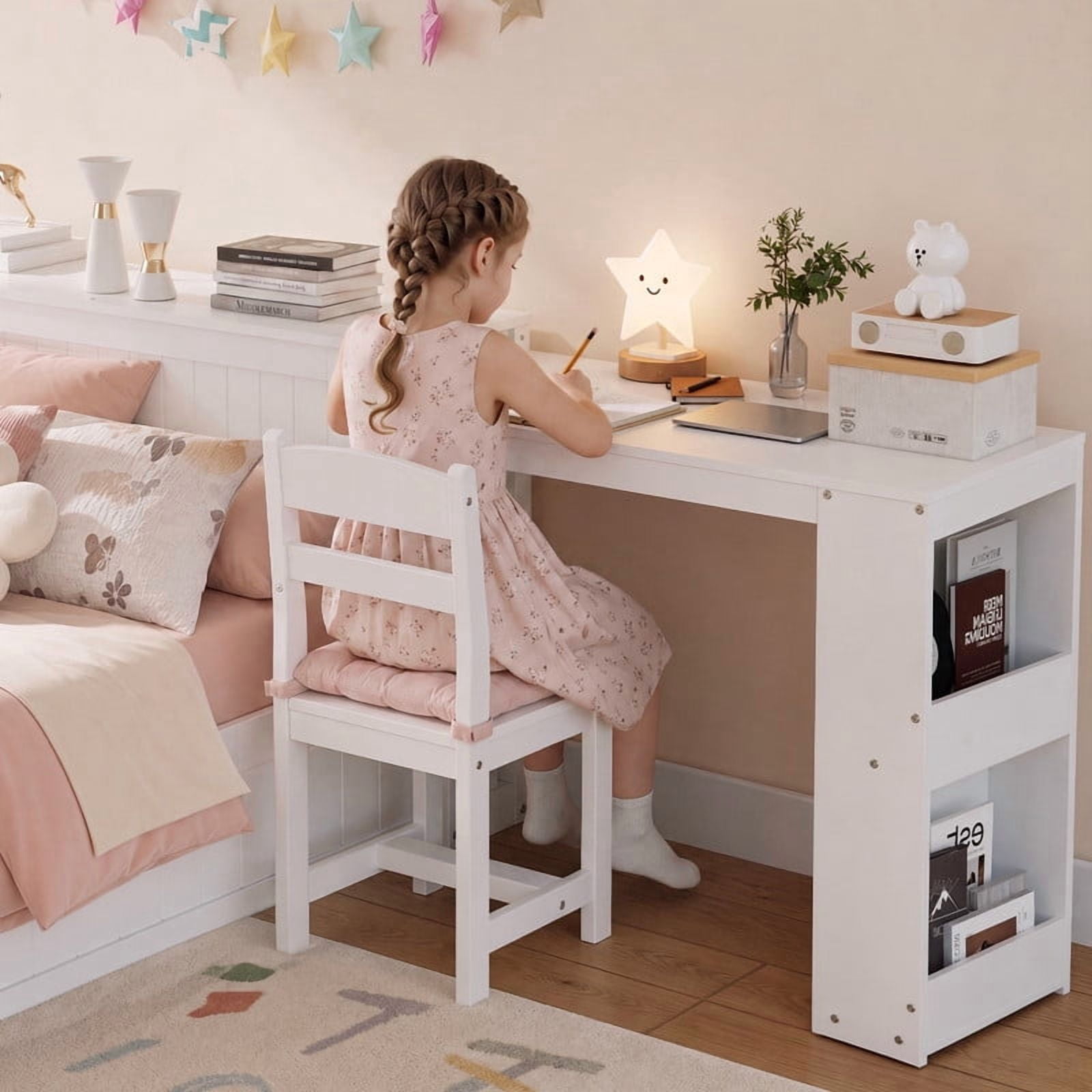 Twin Size Platform Bed with Pull-Out Hidden Desk, Wood Storage Bed Frame with Headboard Shelving & Footboard Drawer