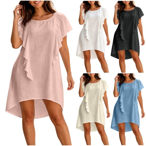 Women's Round Neck Ruffle Short Sleeve Mini Dress, Solid Loose Irregular High Low Hem Casual Swing Short Dress Pink XL(XL)