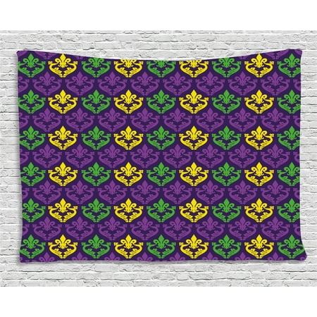 Holiday Tapestry - Mardi Gras Tapestry, Antique Old Fashioned Motifs in Mardi Gras Holiday Colors Tile Pattern, Wall Hanging for Bedroom Living Room Dorm Decor, 60W X 40L Inches, Purple Green Yellow, by Ambesonne