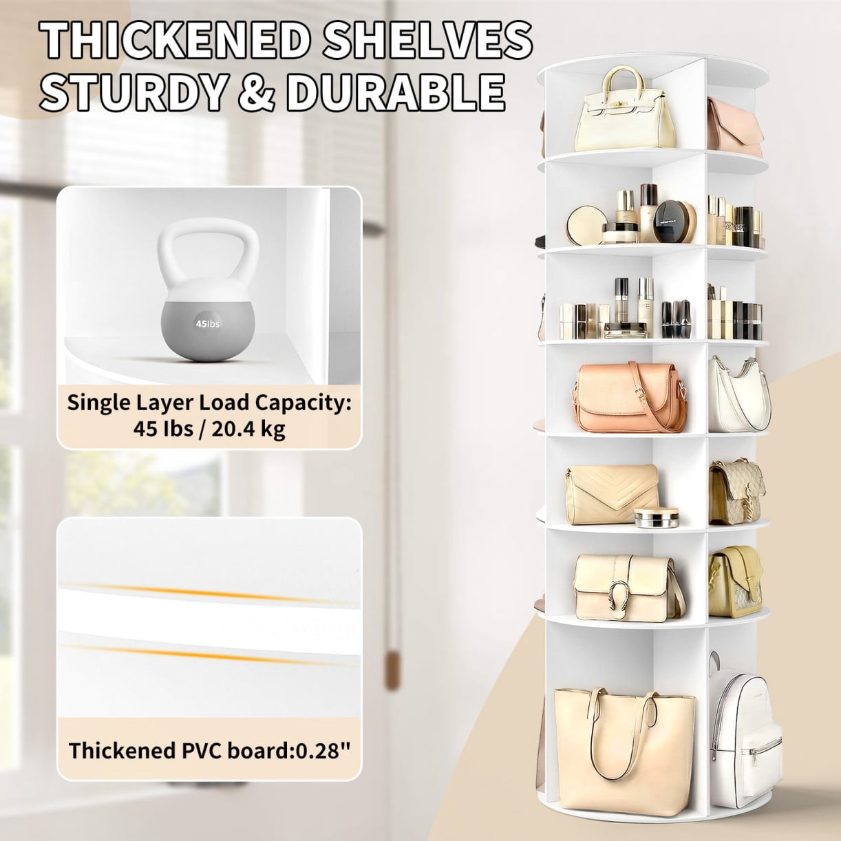 Hassch 7-Tier Rotating Shoe Rack, 360° Revolving Corner Organizer Tower for Bedroom Entryway Closet, Holds 28-32 Pairs of Shoes Handbags Hats Display Decor (White)
