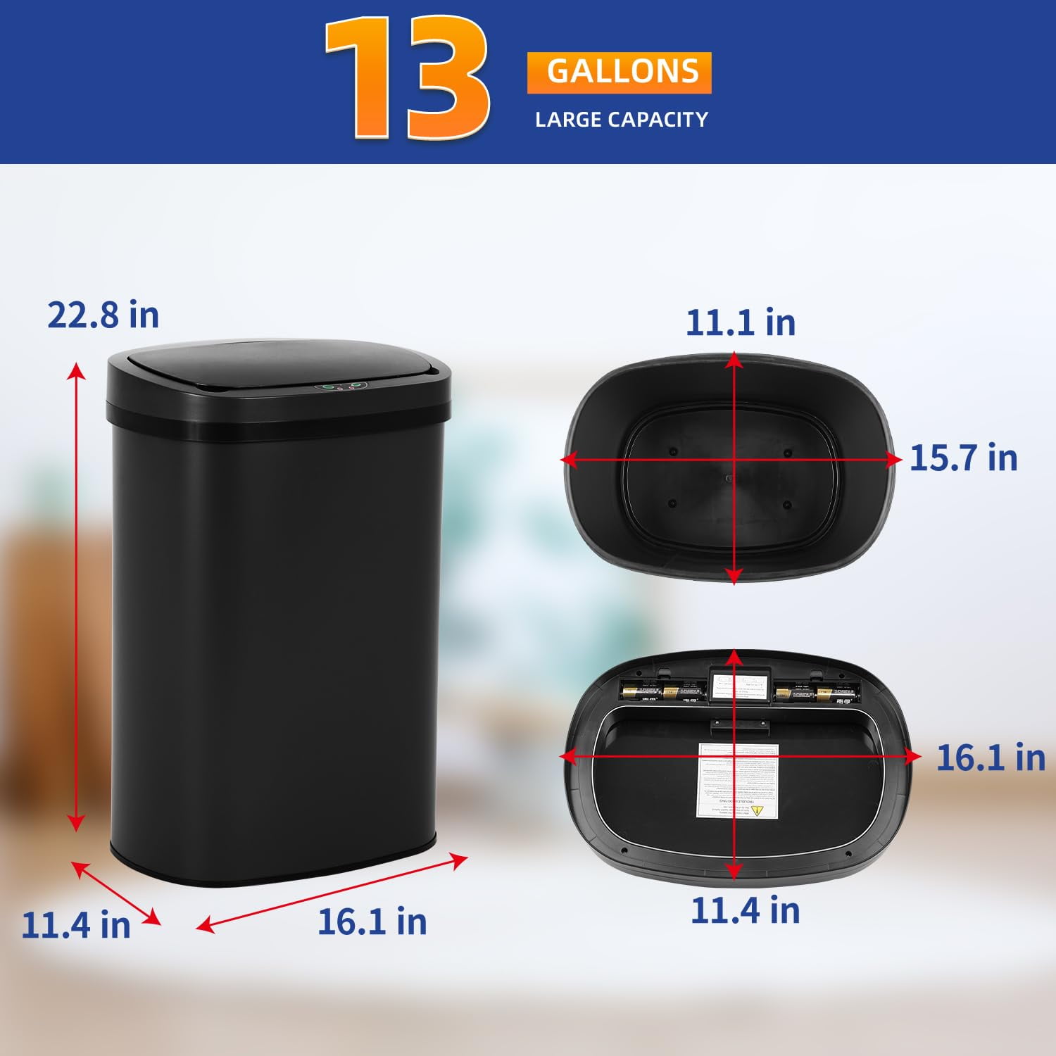 BestOffice 13 Gallon Stainless Steel Touchless Kitchen Trash Can with Motion Sensor for Indoor Use(Black)