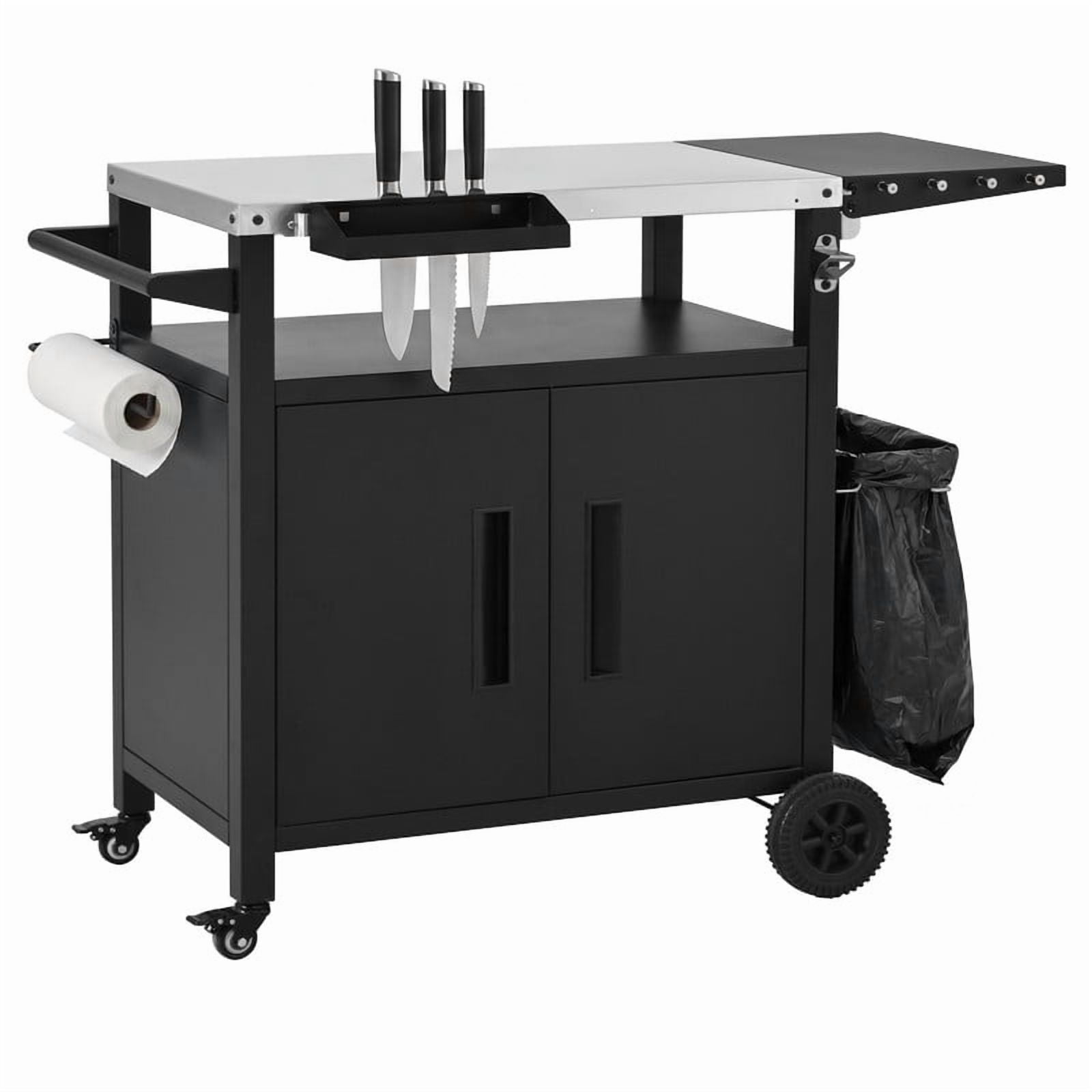 Outdoor Grill Cart with Stainless Steel Top, Outdoor Kitchen Island with Foldable Table, Pizza Oven Table with Wheels & Hooks