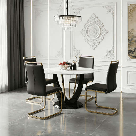 LUFTUT 5-Piece 48" Round Dining Table Set for 4, Faux Marble Glass Top Kitchen Table with 4 Black PU Chairs and Gold Legs for Apartment Living Room