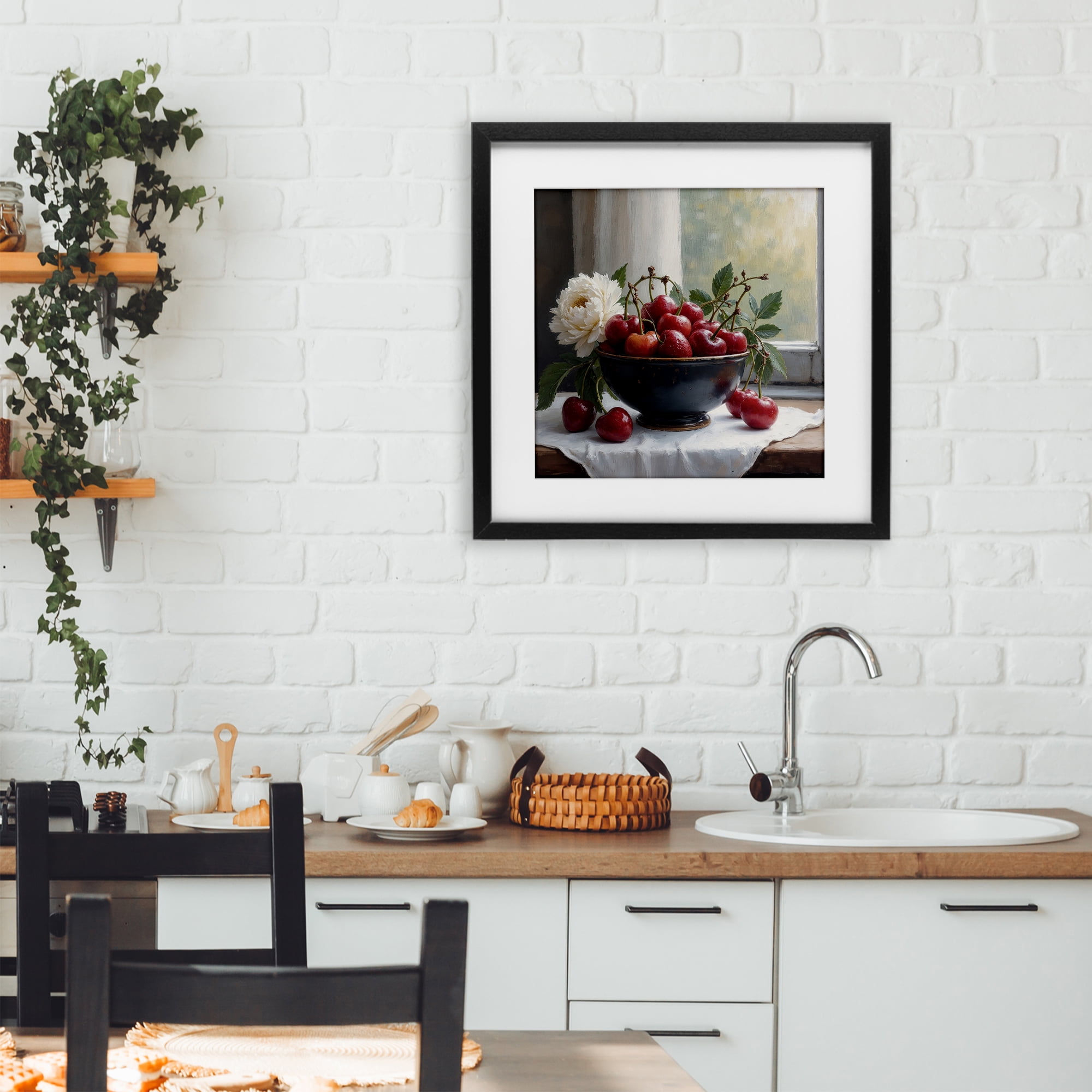 Cherry & Blossom Still Life Black Framed Print Under Glass, design by Lettered and Lined