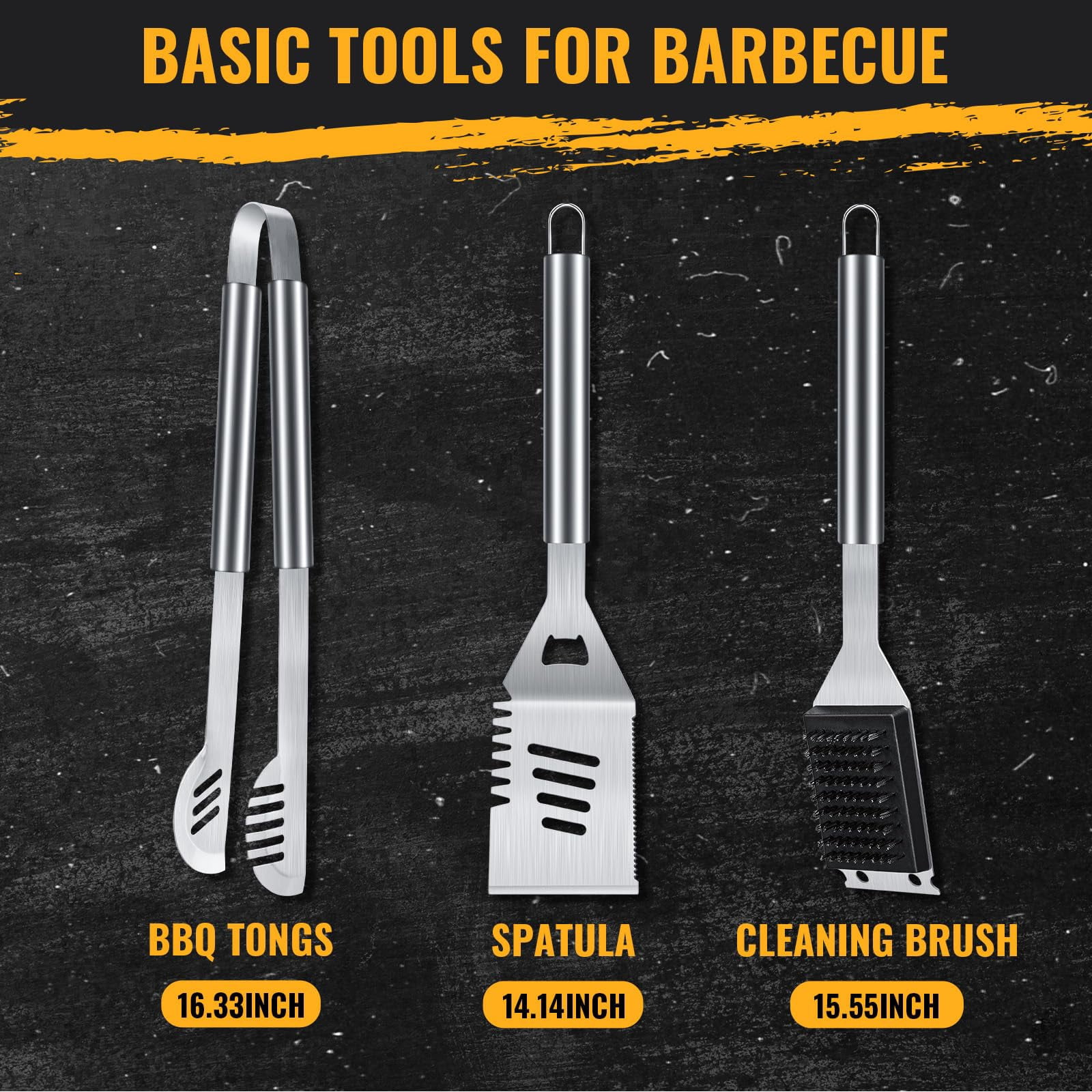 LHRIVER Stainless Steel BBQ Grill Tools Set with Storage Bag, 3 Pieces Include Tong, Spatula, Cleaning Brush