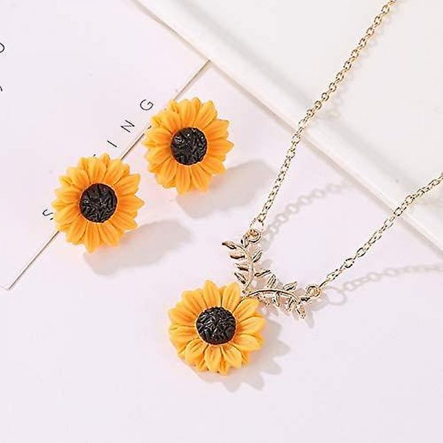 Juego de collar y aretes de girasol, gargantilla con colgante hecho a mano de gota larga bohemia de resina de perlas de girasol con aretes de resina de girasol para mujer