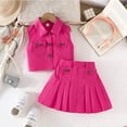 thumbnail image 4 of WMQPNNS Girls Fashion Two Piece Cute Outfits Denim Set Sleeveless Button Down Vest and Pleated Mini Skirt Set(Size 6-7 Years, Hot Pink), 4 of 9