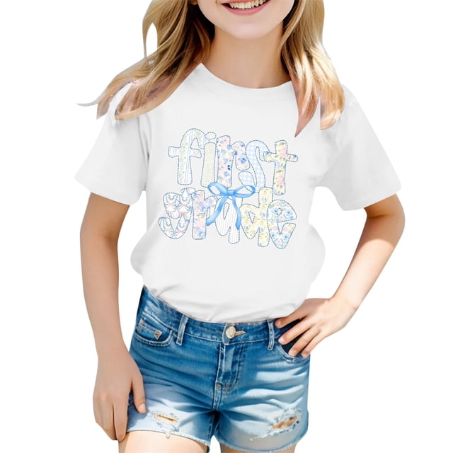 T-shirt à Manches Courtes pour Tout-Petites Filles, Haut Décontracté à Imprimé de Dessins Animés, Col Ras du Cou pour l'École, Vêtements pour Enfants, Blanc, Taille 4-5T