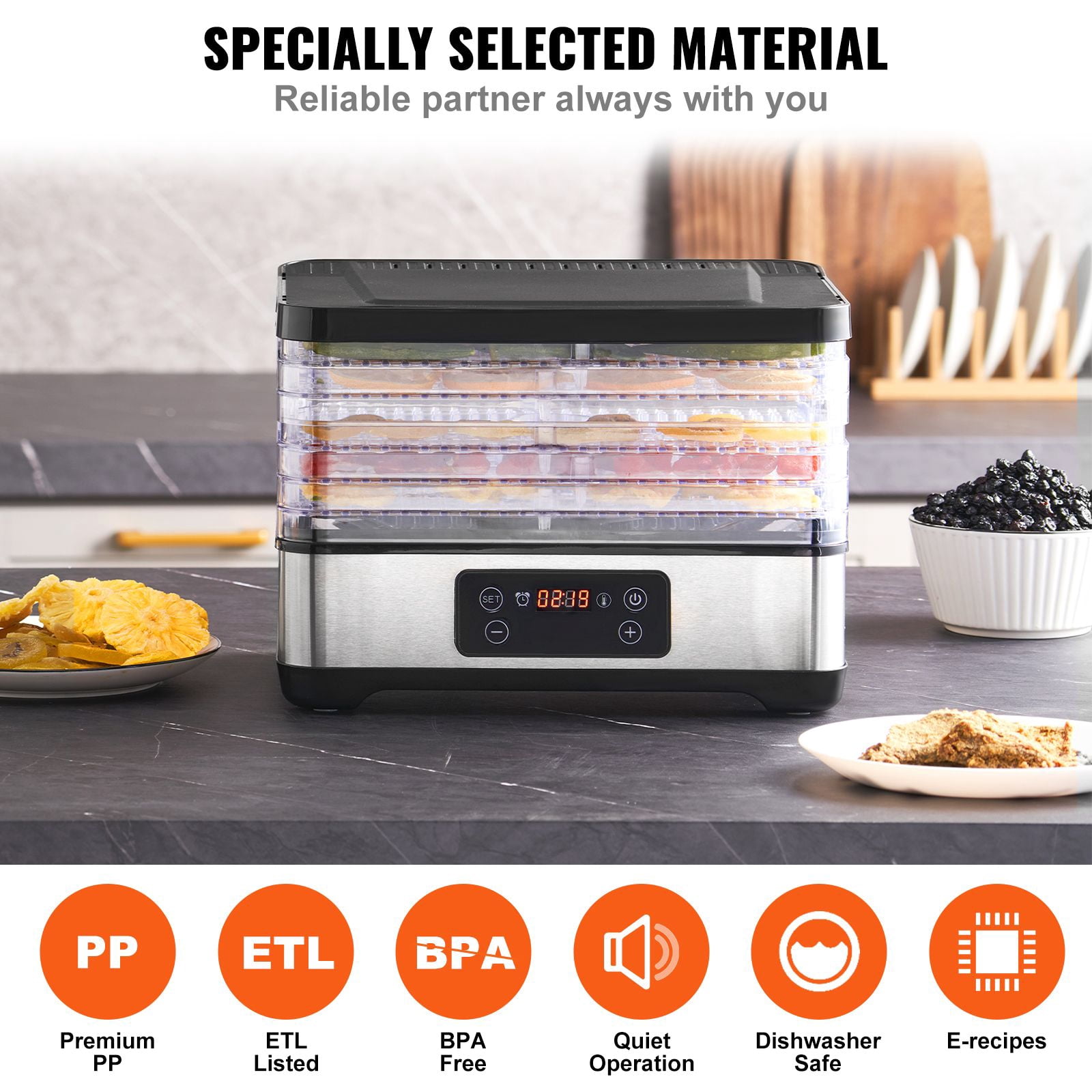 5-Tray Food Dehydrator Machine with 300W Power, 95-158°F Adjustable Temp, 0.5-48H Timer, 360° Air Circulation, BPA-Free for Jerky Fruit