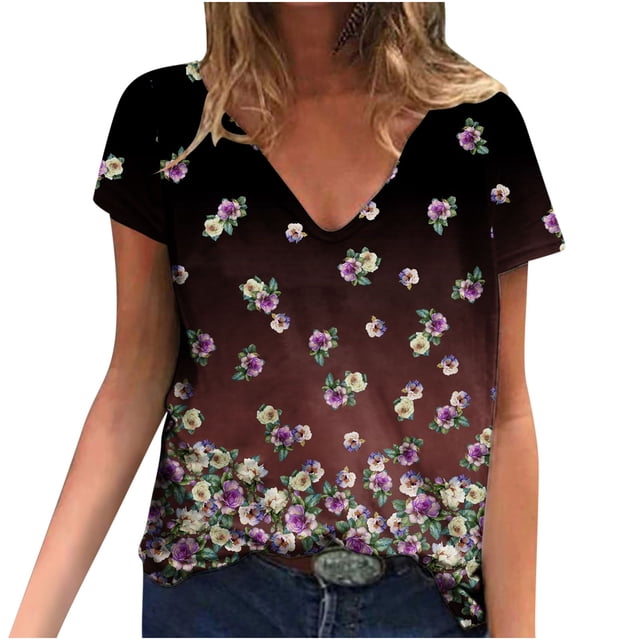 Hauts d'Été pour Femmes Manches Courtes Femmes Blouse d'Été Imprimée T-Shirts Décontractés Col en V Manches Courtes T-Shirts Hauts