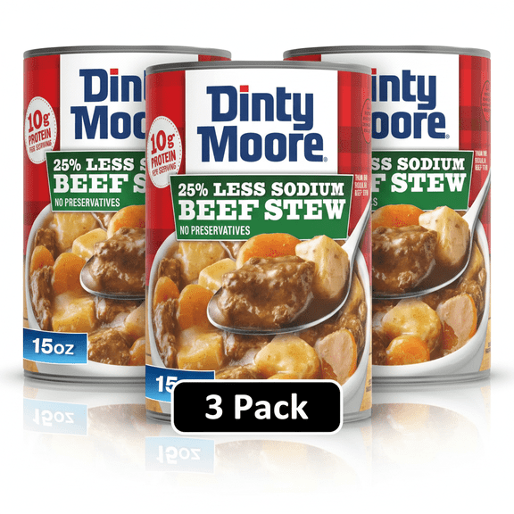 DINTY MOORE Beef Stew, 25% Less Sodium, 15 oz Cans (3-Pack) – Hearty, Homestyle, & High Protein