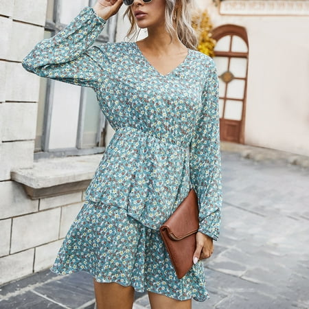 

LWZWM Boho Dresses for Women 2022 Office Dress Long Sleeve V-Collar Knee Printed Dresses Nightgown Dress Modest Dress Kawaii Dress Graduation Dress Flowy Dress Fairy Dress Cute Dress