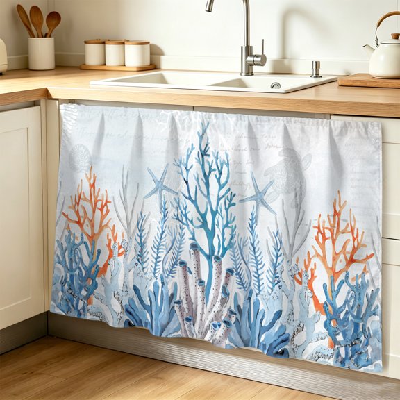 Coastal Coral Cabinet Curtain 32"Wx55"L,Dustproof Pantry Door Curtain with Self Adhesive Tape,Blue Ocean Starfish Turtle Watercolor Tall Storage Cover Privacy Drape for Bathroom Kitchen Laundry Room