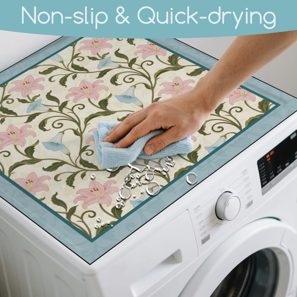 Lily Vine Flowers Laundry Room Washer Dryer Dust Cover Mat 23.6x23.6inch Morning Glory Washing Machine Top Protector Pads Vintage Multi-color