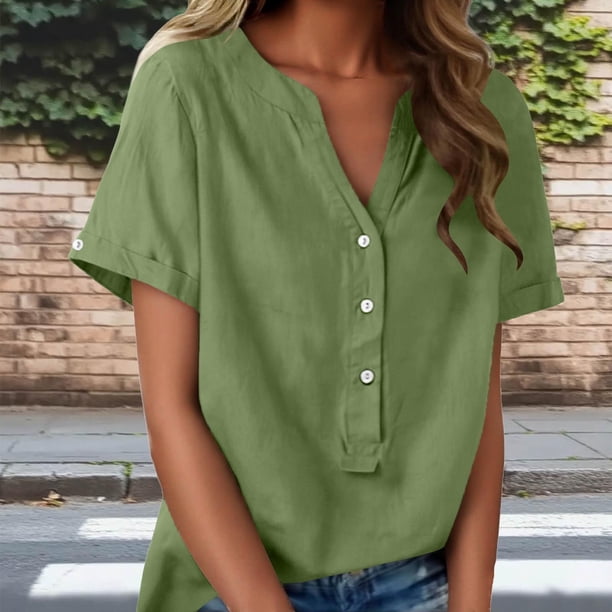 TaTaai Summer V Neck Casual Top, Women's Half Button Open Front Design, Linen Inspired Short Sleeve Solid Color Shirt Gift