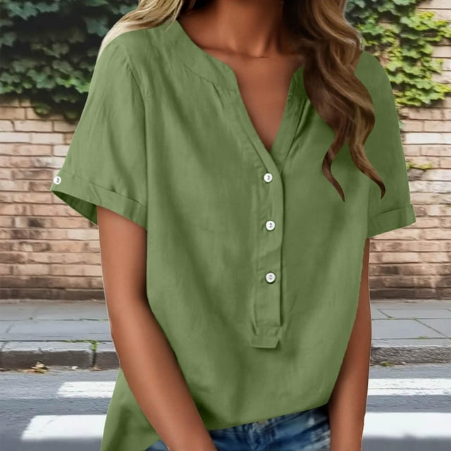 TaTaai Summer V Neck Casual Top, Women's Half Button Open Front Design, Linen Inspired Short Sleeve Solid Color Shirt Gift