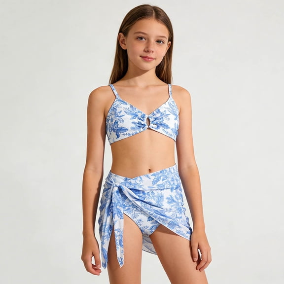 MAIHAN Girl's Swimsuit Summer 3 Piece Swimsuits 2026 Trendy Tropical Print Bikini Sets with Cover Up Skirt Beach Boho Bathing Suits 12-16Y(Blue,13-14 Years)