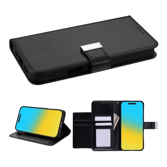 Leather Wallet Folio Case with Credit Card Slots Pouch Cover for Apple iPhone 16 Pro - Black