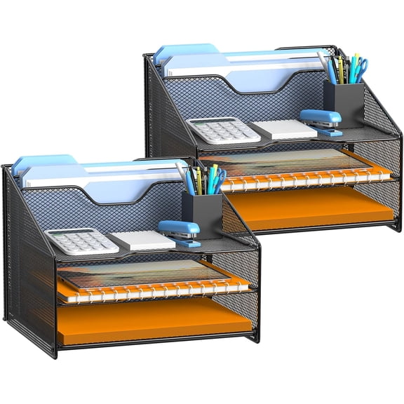 2 Pack Mesh Desk File Organizer Letter Tray Holder, Desktop File Folder Holder with 3 Paper Trays and 2 Vertical Upright Section, Black