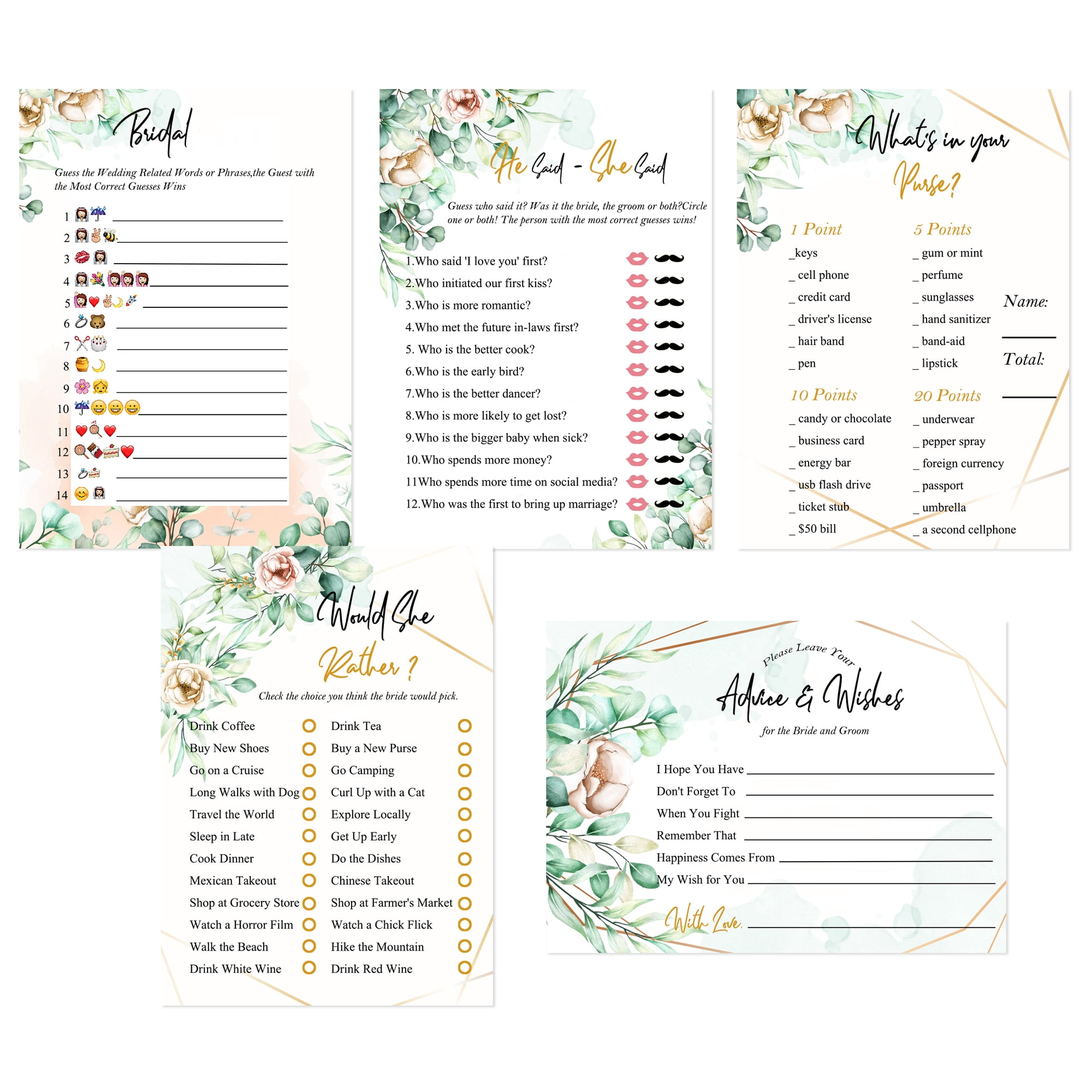 Bridal Shower Games Set of 5 Activities for 50 Guests, 251 Pieces Wedding Shower Games Floral Rustic Greenery Theme Party Decorations