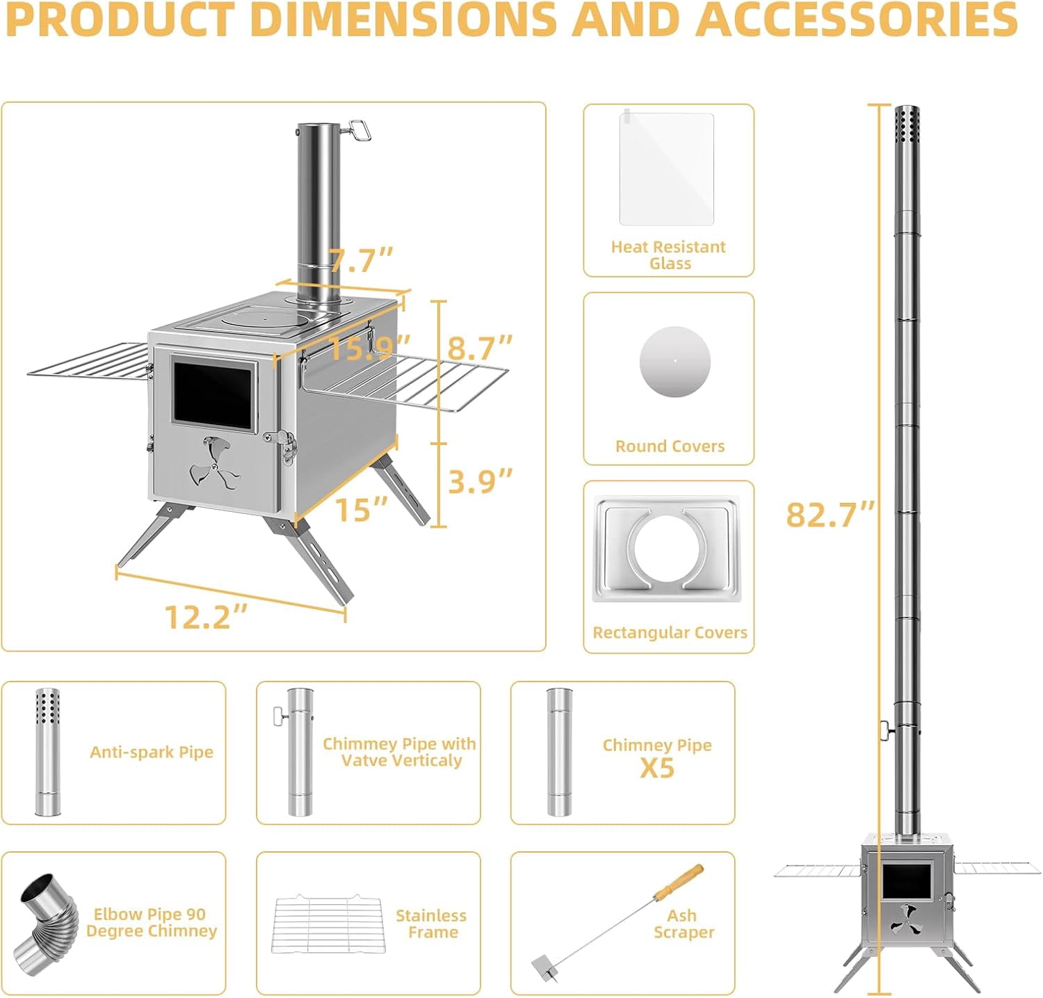 ABORON Portable Camp Wood Stove Stainless Steel Camping Cooking Stove Outdoor Wood Burning Stove with Chimney, Firebox Hot Camping Tent Stove for BBQ, Hiking, Fishing, Hunting