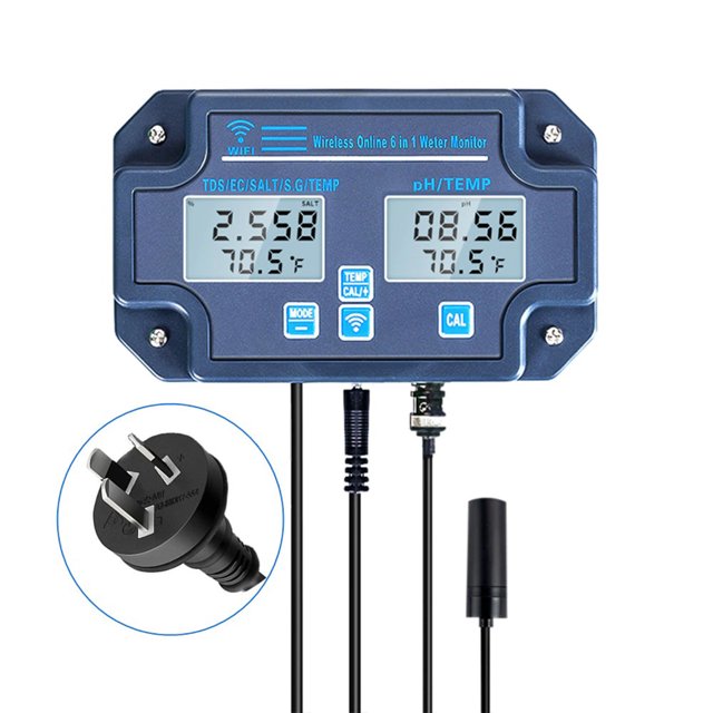 Scienceny Probador de agua con pantalla Digital 6 en 1, portátil, de amplio rango, para piscina, estanque, pecera, acuario, analizador de PH Medidores de medidas dimensionales Enchufe australiano Scienceny TO009154-04B
