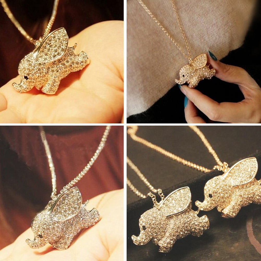 Gold Plated  Crystal Cute Baby Elephant Pendant Chain Sweater Necklace _H 