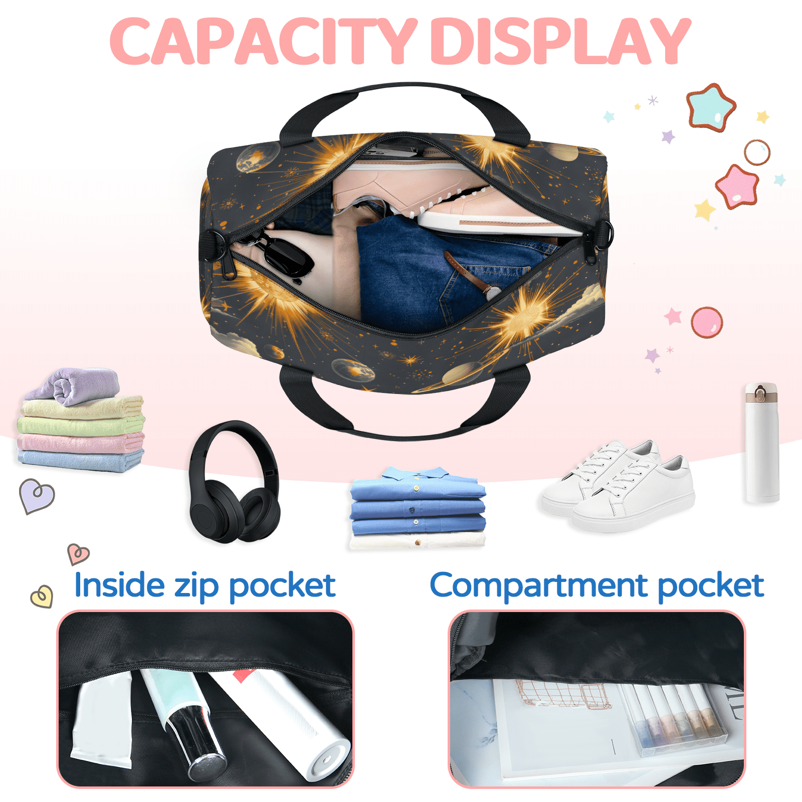 Herdesigns Galaxy Star Gym Bag for Women, Duffle Bag for Travel Sport, Outer Space Lightweight Waterproof Carry on Weekender Dance Yoga Workout Bags