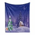 thumbnail image 1 of Log Cabin Soft Flannel Fleece Throw Blanket, Winter Theme Image of a Rustic Cabin and Firs Covered with Snow, Cozy Plush for Indoor and Outdoor Use, 70" x 90", Lavender and Multicolor, by Ambesonne, 1 of 6