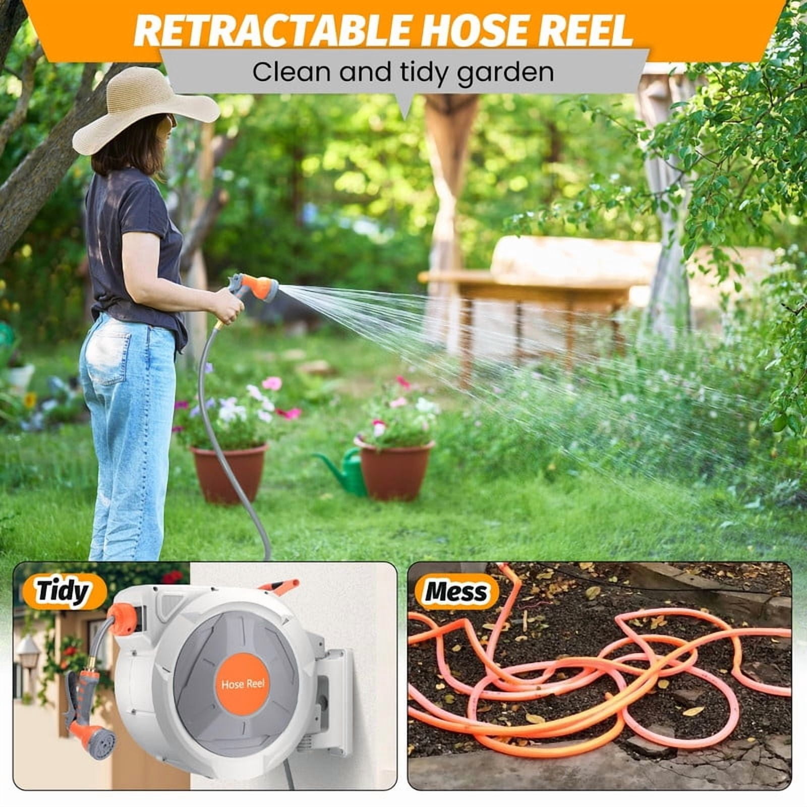 Towallmark 100 FT Retractable Garden Hose Reel, Wall Mount Hose Reel, Auto Rewind Hose Reel, 9 Function Spray Nozzle with Any Length Lock, 180° Swivel Bracket for Garden Watering Storage