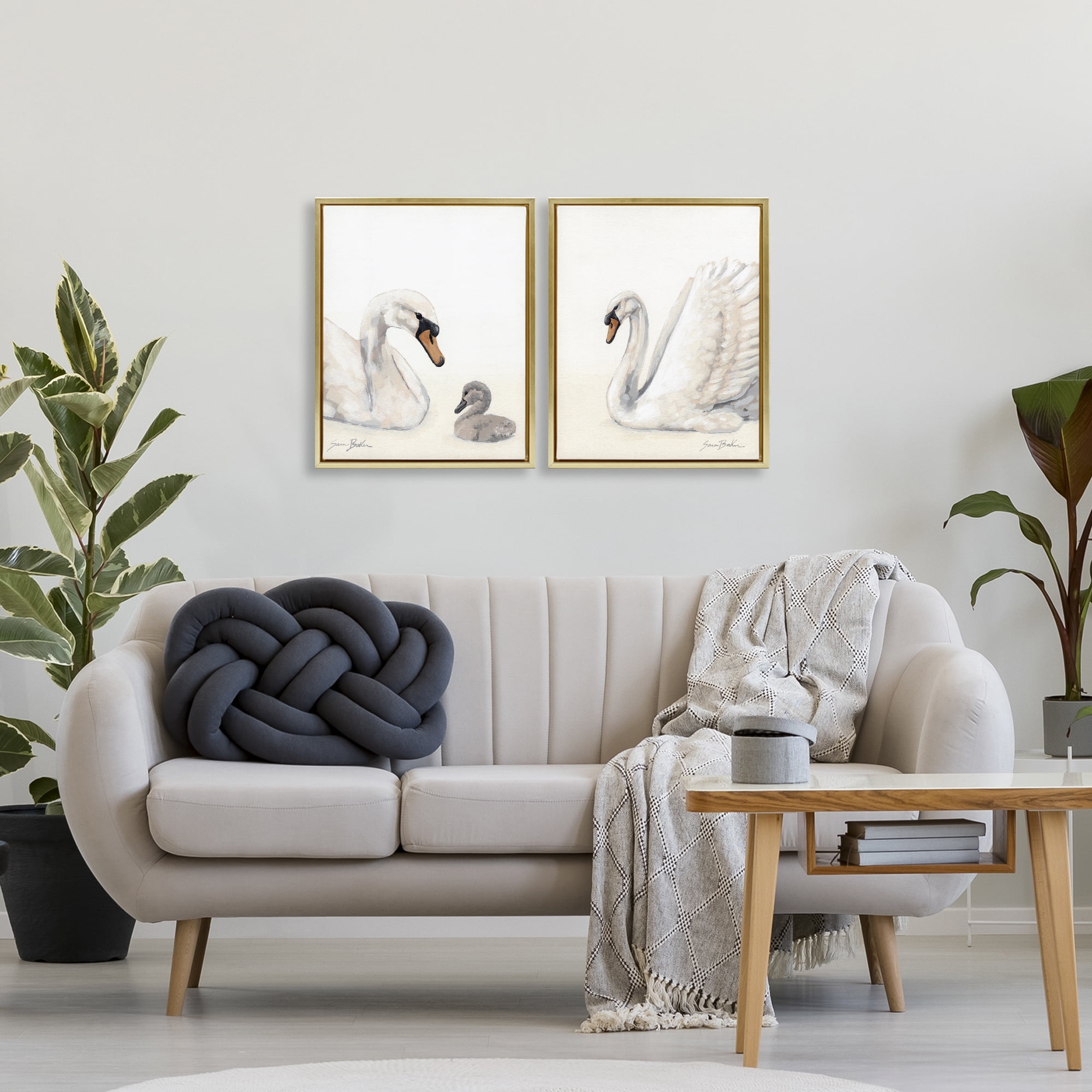 Stupell Industries Graceful Swan & Cygnet 2 Piece Gold Framed Floater Canvas Set, design by Sara Baker