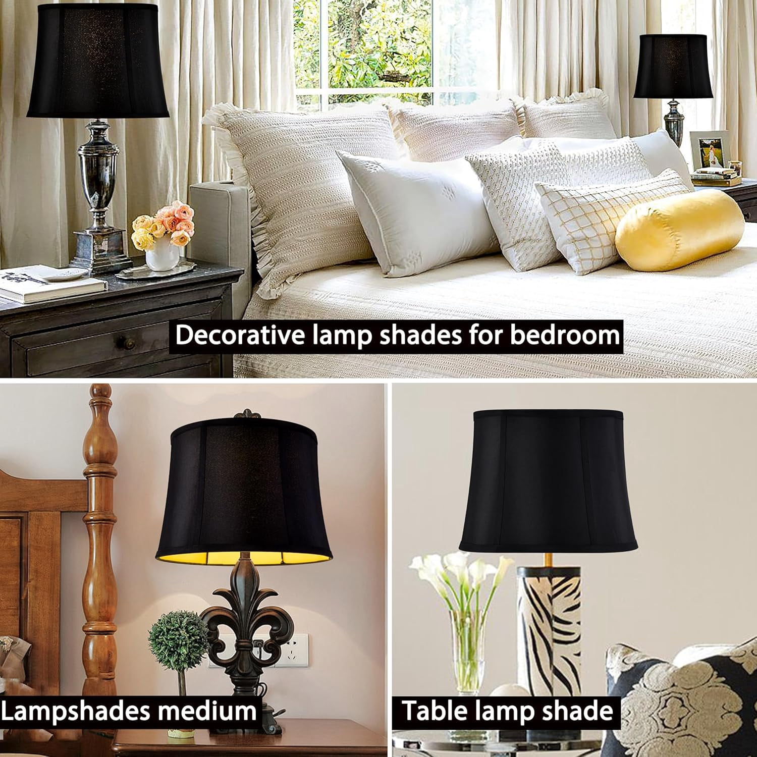 GOSO Black Lamp Shades Set of 2 Large Drum Lampshades -12x14x10 inch (Spider) Foldable Lamp Shade for Floor Lamps Table Lamp Natural Faux Silk Lampshade Replacement Rustic Shade-Easy Assembly