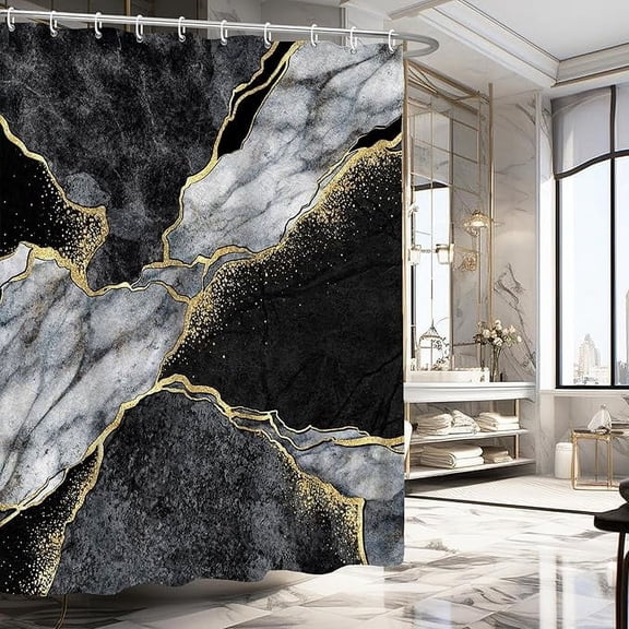 Gold Black Marble Shower Curtain, Black Grey Luxury Modern Abstract Shower Curtain Set For Bathroom, Fabric Bath Curtain With Hooks 36"W x 72"L (Pack of 1)