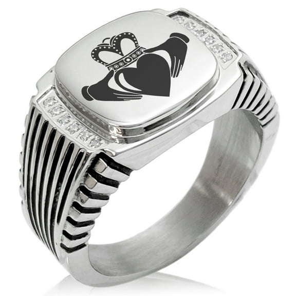 Stainless Steel Celtic Claddagh Unity CZ Ribbed Needle Stripe Pattern Biker Style Polished Ring