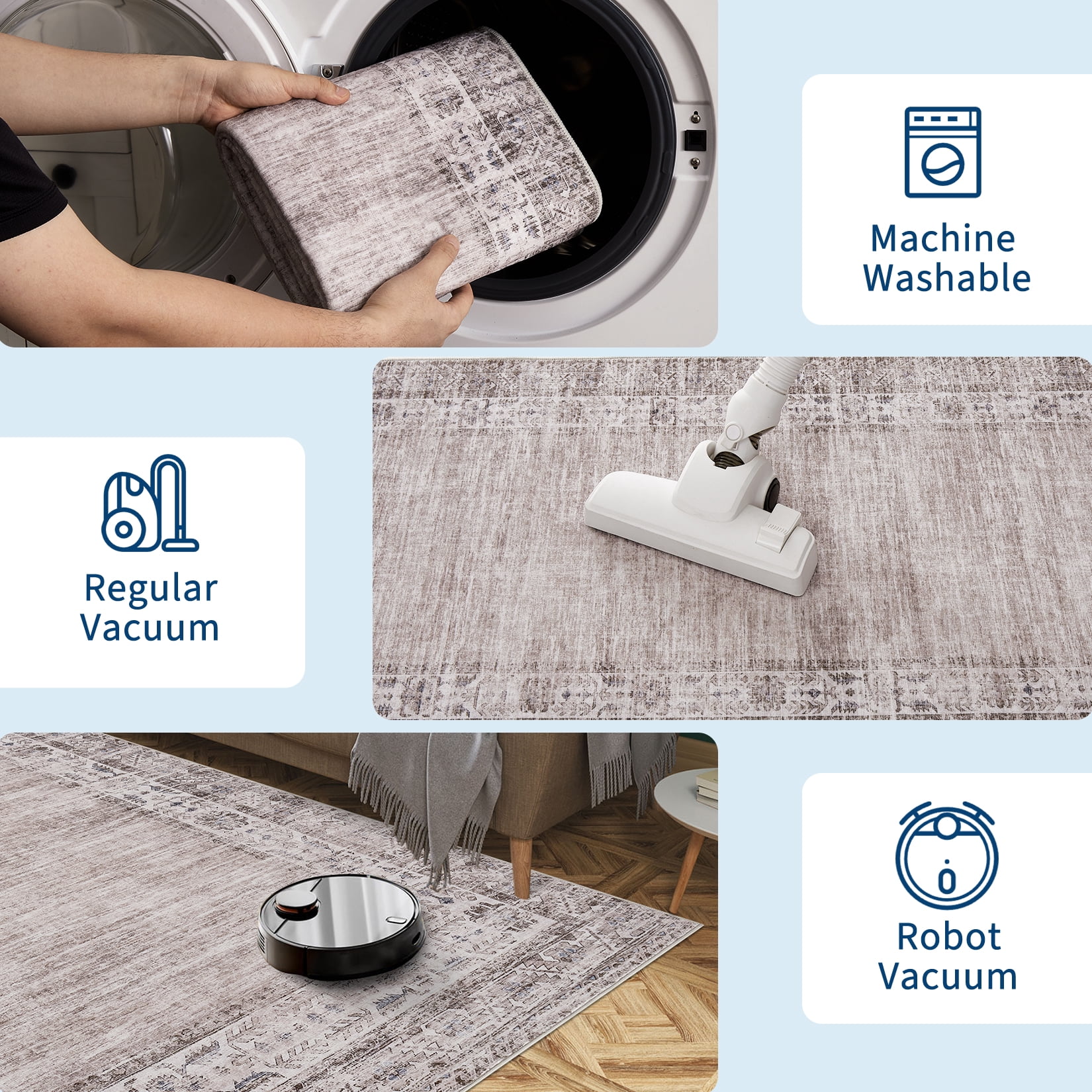 Hasoo Washable Bedroom Border Area Rug 8' x 10' Rug for Living Room Polyester Taupe/Gray Stain-Resistant Indoor Carpet