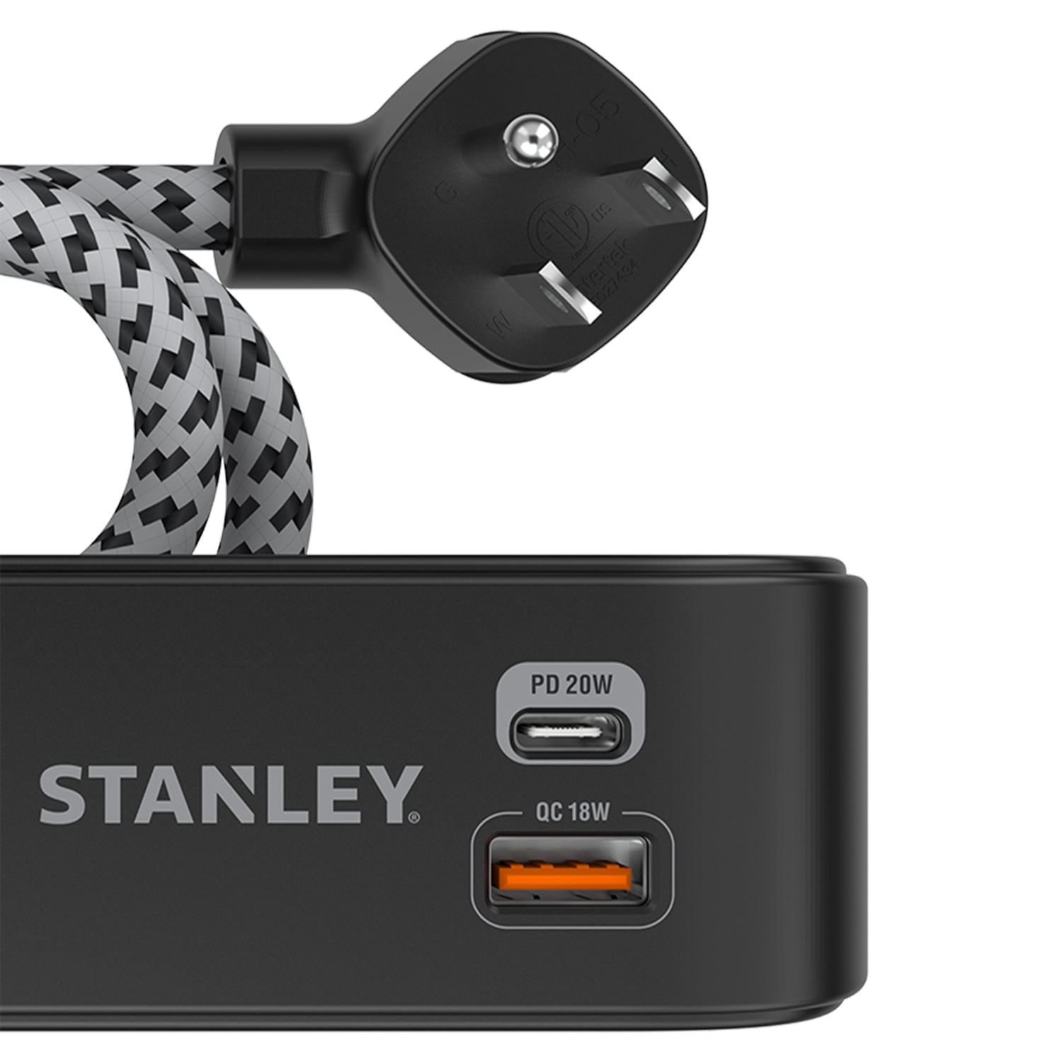STANLEY 2-AC Outlet 2-USB Port 300-Joules SurgeMax Surge Protector Power Strip with PD, 6-Ft. Fabric-Braided Cord with Low-Profile Plug, Black, 33255