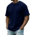 thumbnail image 2 of OIOLOYJM Waffle Knit Shirts for Men Short Sleeve Pullover Crewneck Ribbed Texture Tops Vintage Loose Lightweight Summer Workout Clothes Dark Blue S, 2 of 4