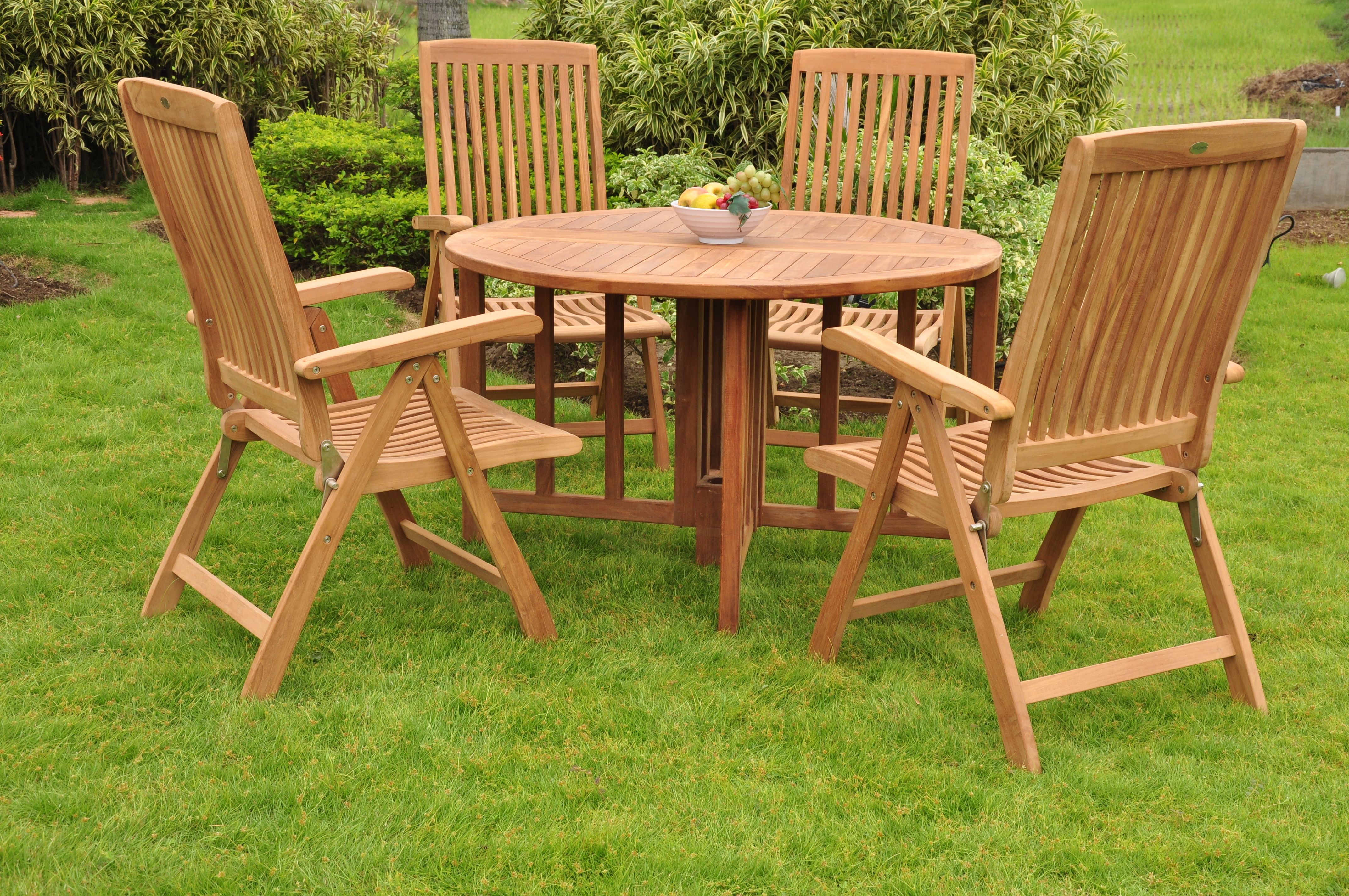 teak dining set:4 seater 5 pc - 48" round table and 4 marley reclining