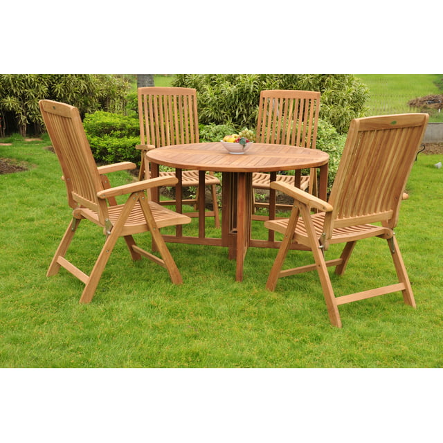 Teak Dining Set:4 Seater 5 Pc - 48" Round Table And 4 Marley Reclining Arm Chairs Outdoor Patio Grade-A Teak Wood WholesaleTeak #WMDSMR1