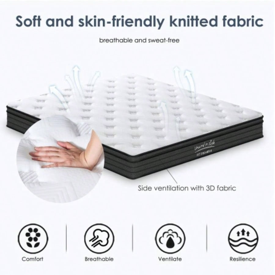 10 Inch King Size Hybrid Mattress, Individually Pocketed Innerspring, Medium Firm for Stable Support