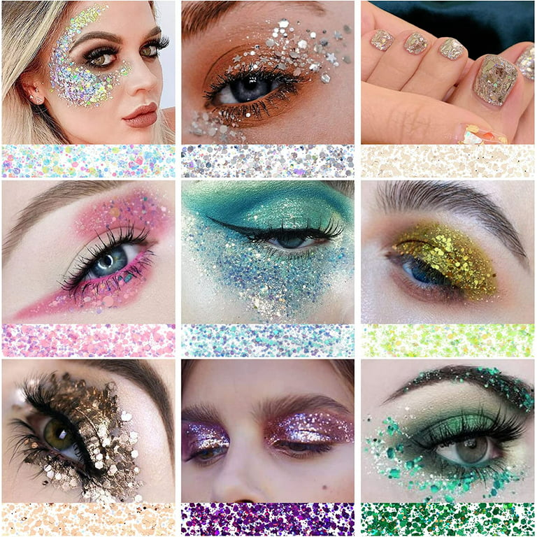 Face Glitter Gel, 2 Jars Holographic Chunky Glitter Makeup for Body, Hair,  Face, Nail, Eyeshadow, Long Lasting and Waterproof Mermaid Sequins Liquid  Glitter Total 6 Colors Available (#6, White, 2PCS)
