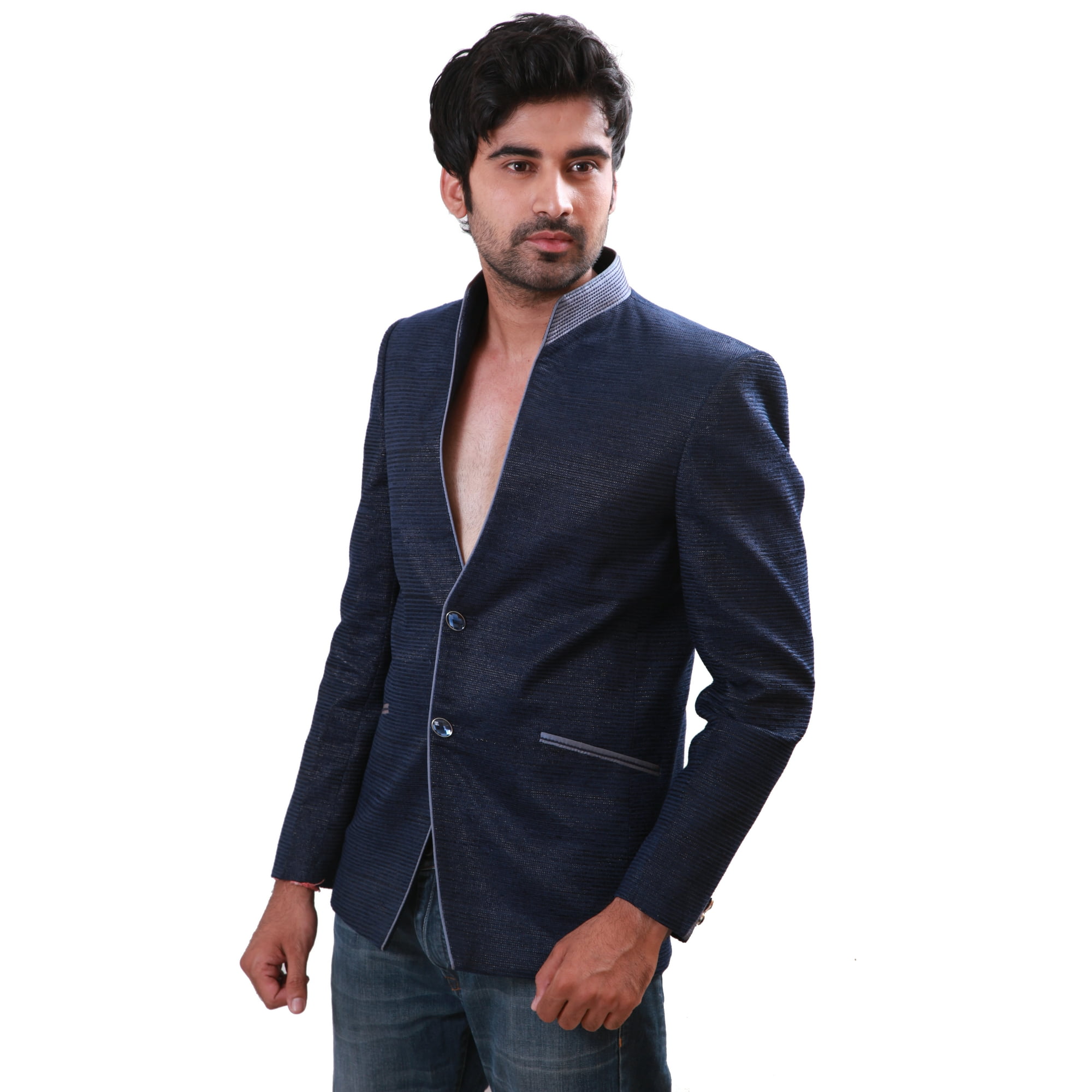 Stylish High Neck Blue Blazer for Men. This product is custom made to order