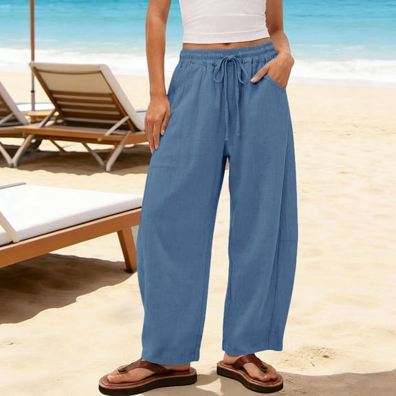 Vmvidoty Pants for Women Wide Leg 100% Cotton Pant Summer Casual Flowy Pants with Pocket Drawstring Loose Sky Blue S