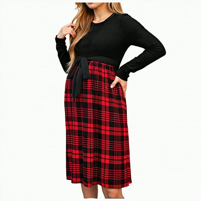 WUANDIXFA Robe de Maternité Robe de Maternité Confortable Douce et à la Mode Convient à l'Allaitement Robe d'Allaitement à la Mode à Carreaux à Manches Longues Noir,G