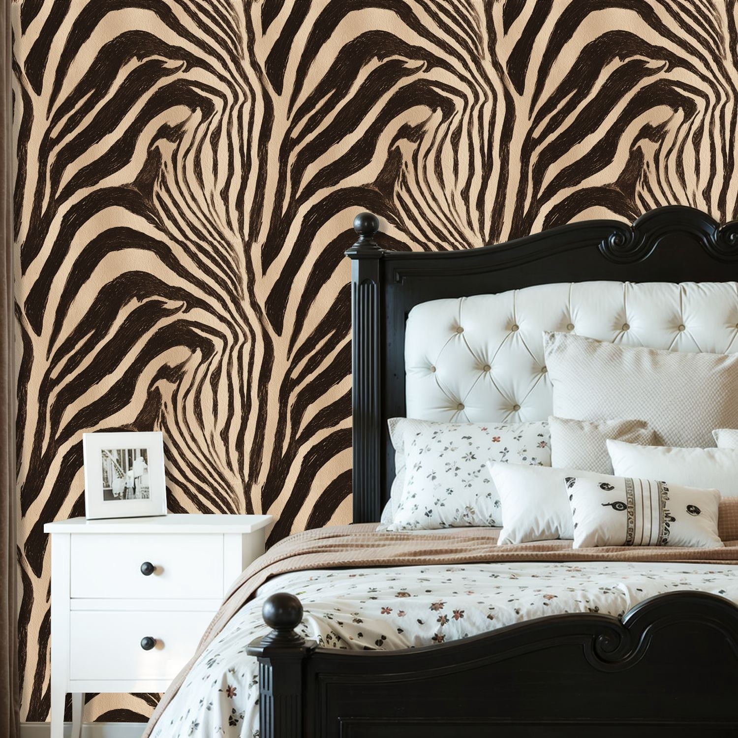 Peel and Stick Wallpaper Abstract Zebra Stripes Bold Black Beige Wall Mural 23.6in x 9.8ft Self Adhesive Removable Wall Paper Renter Friendly Wallpaper for Bedroom Nursery Living Room