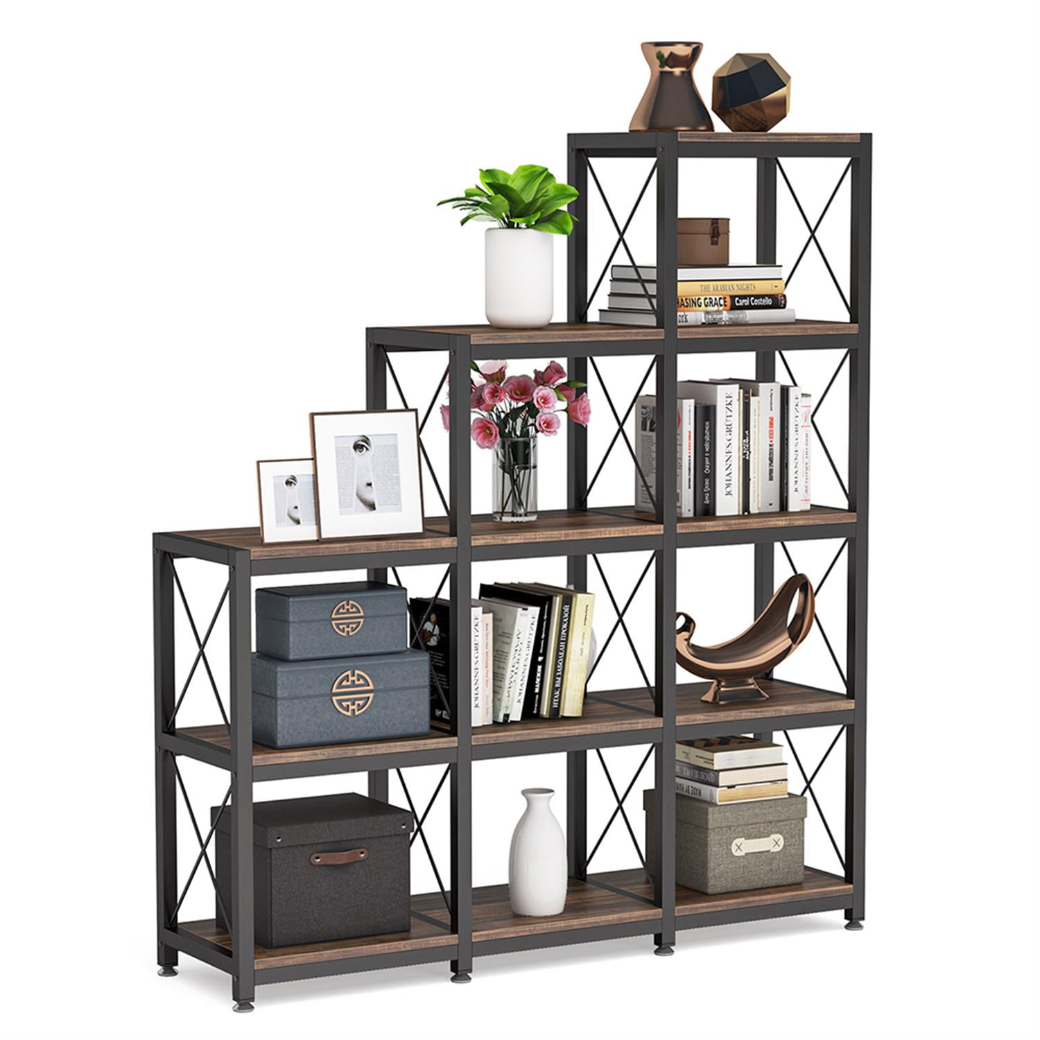 Demi Bonn Ladder Bookshelf with 12 Shelves, Wood and Metal Bookcase Storage Organizer, Industrial Display Standing Shelf Unit for Bedroom, Living Room, Brown