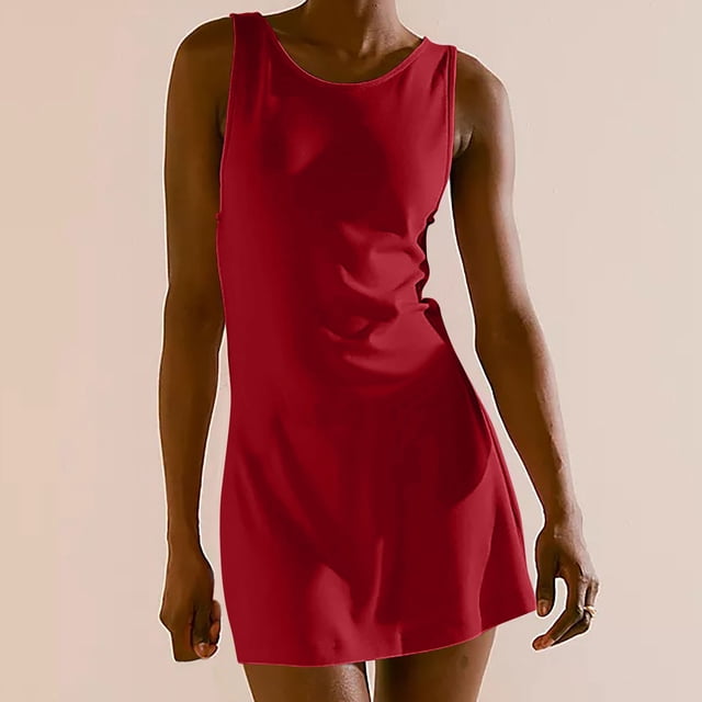 Jusqu'à 60 % de Réduction, Robe d'Été Sexy Mode Femme Couleur Unie Dos Nu Sans Manches Col Rond, Robe Dos Nu Sexy, Robe Couleur Unie, Robe Sans Manches Col Rond Style Tendancecoton, Rouge