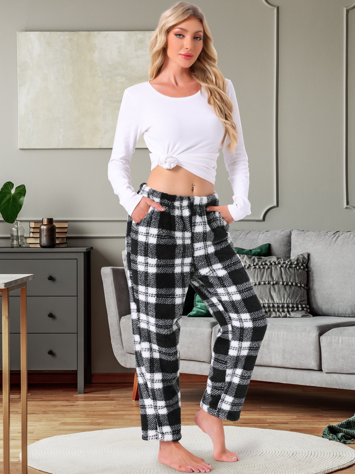 DARING DIVA Women's Fuzzy Fleece Plush Warm Lounge Sleepwear with Pockets L Black